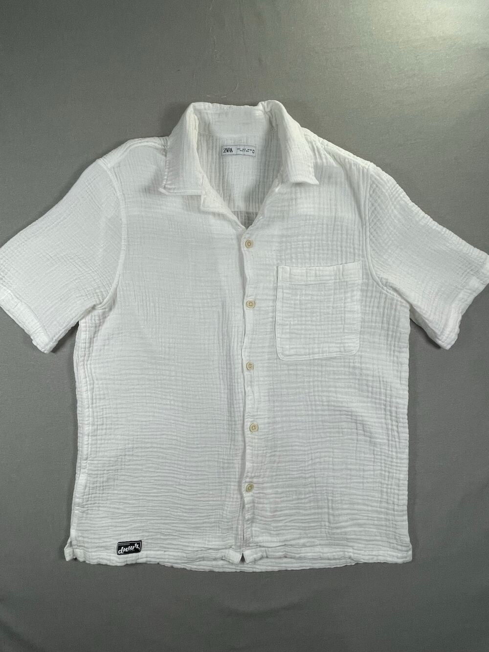 Zara DNWR Men's White Textured Cotton Gauze Short Sleeve Shirt S Camp Collar